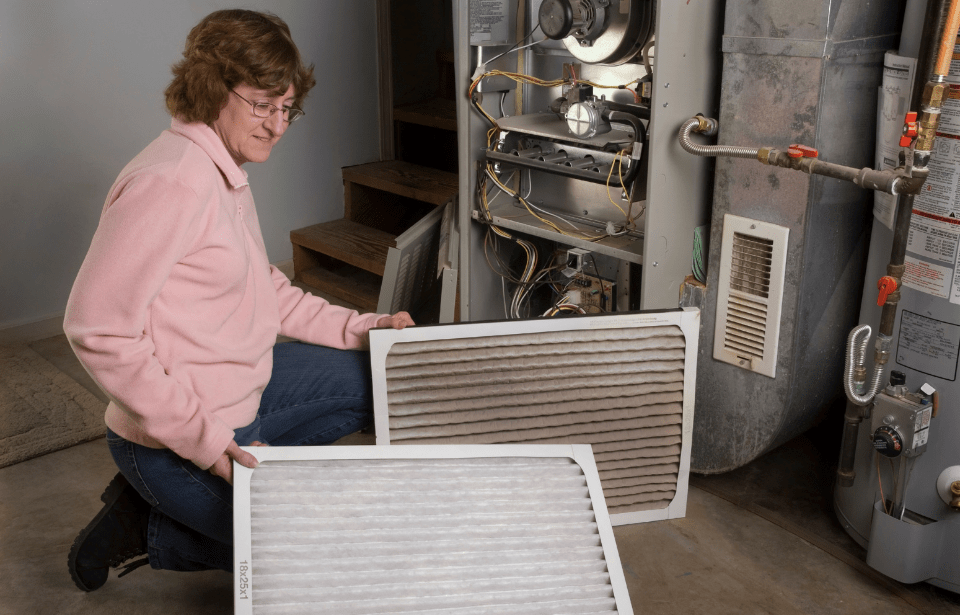 Woman showing dirty air filter.