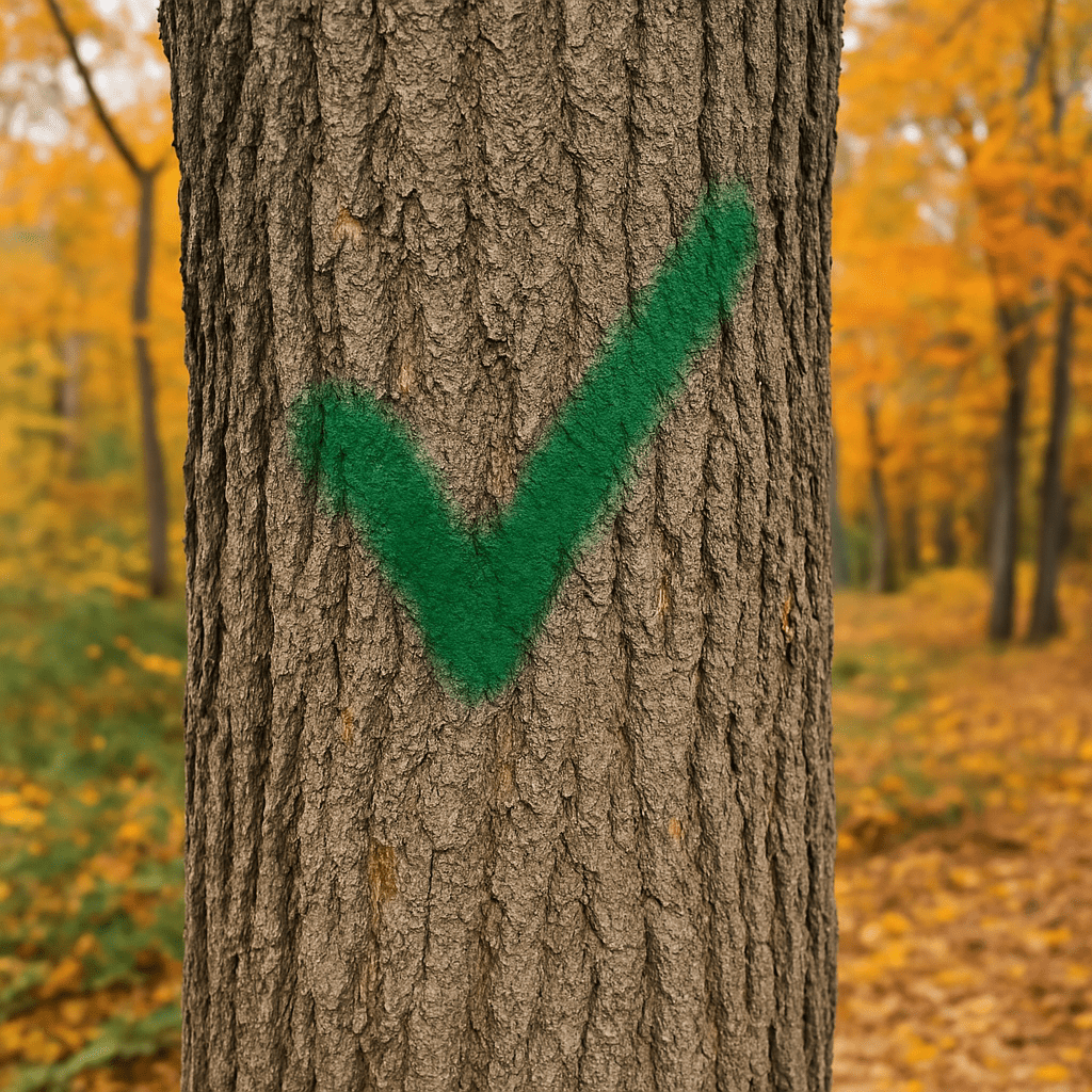 Green check painted on a tree.