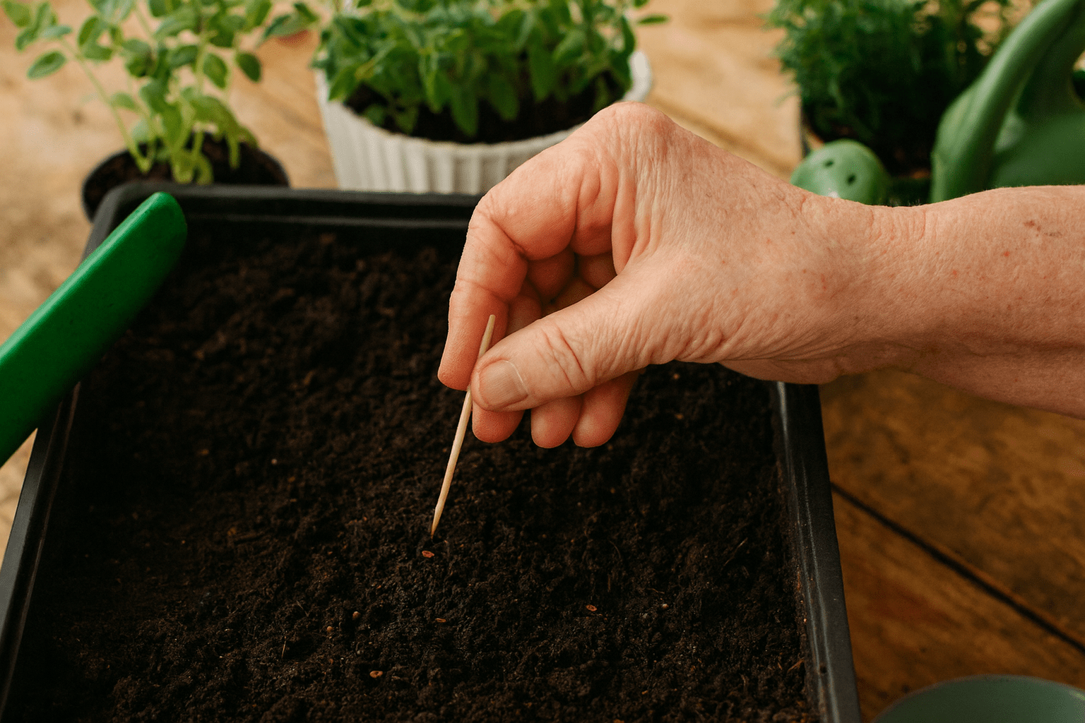 Hand putting toothpick in soil.