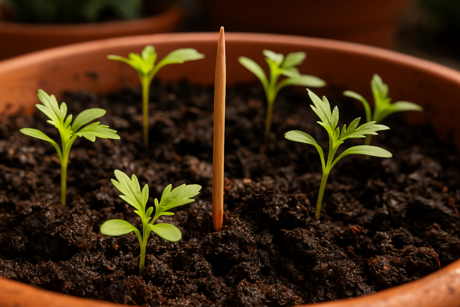 Plants growing in a planter with a toothpick in it.