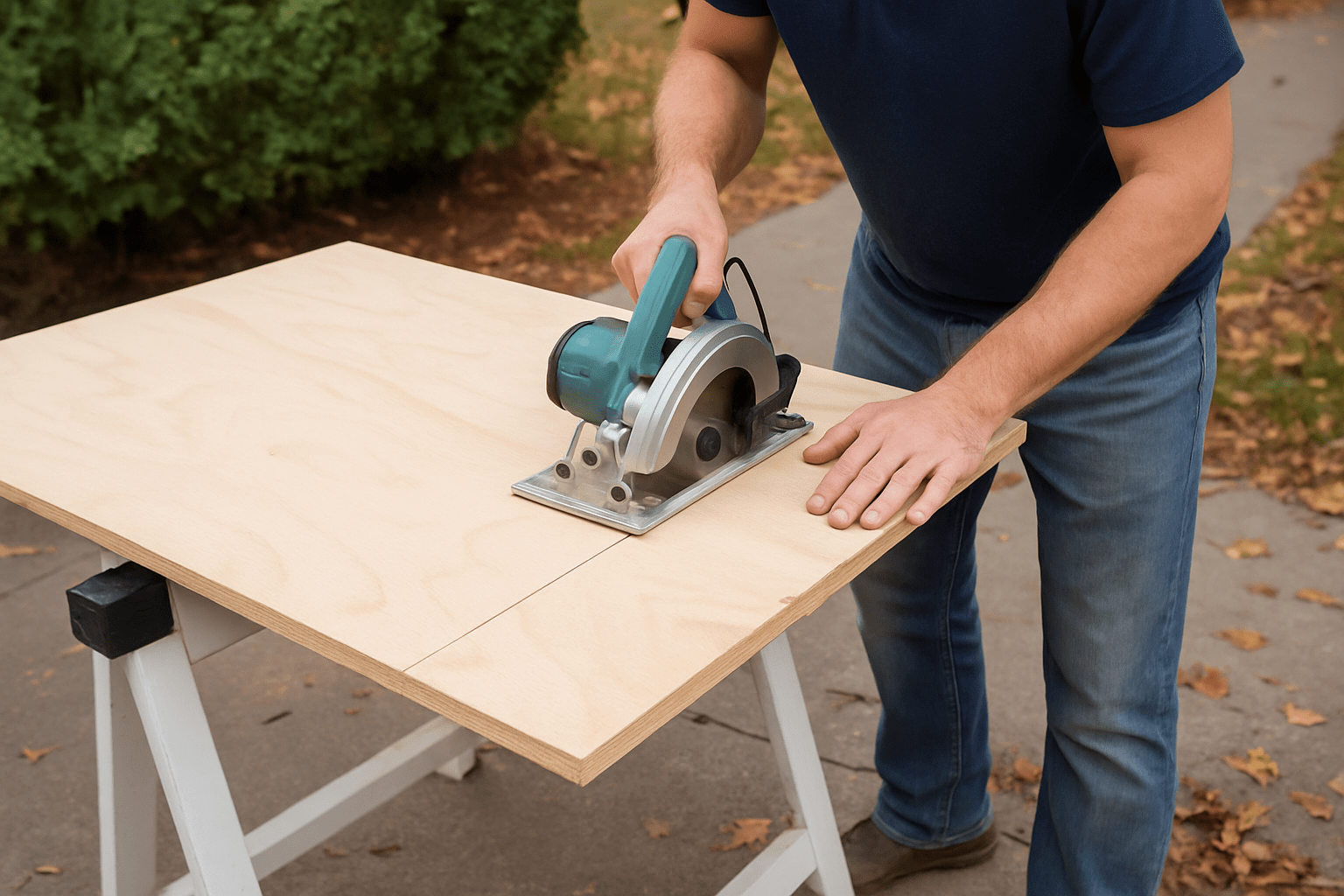 Man cutting plywood to be the right size.