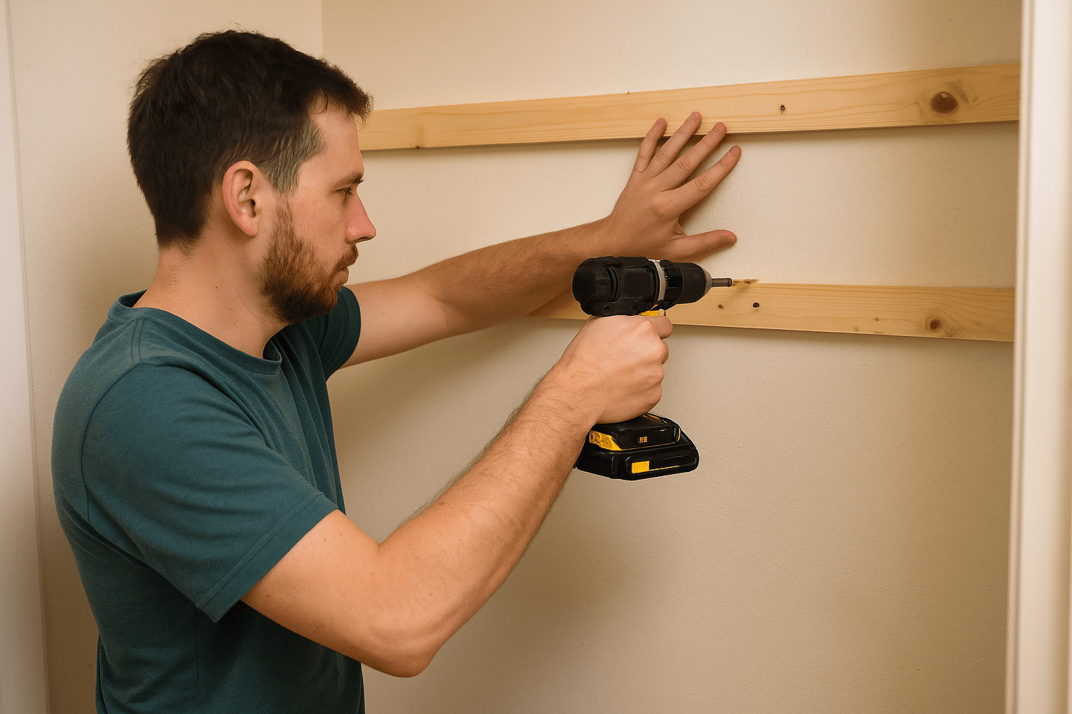 A man screwing support strips into the wall.