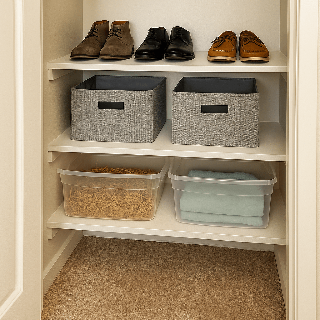 Shelves with things on them in a closet