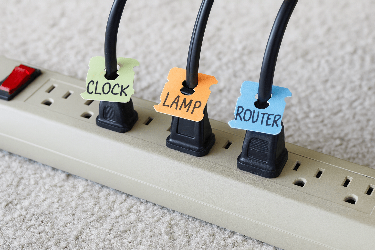 Plugs labeled with bread tags.