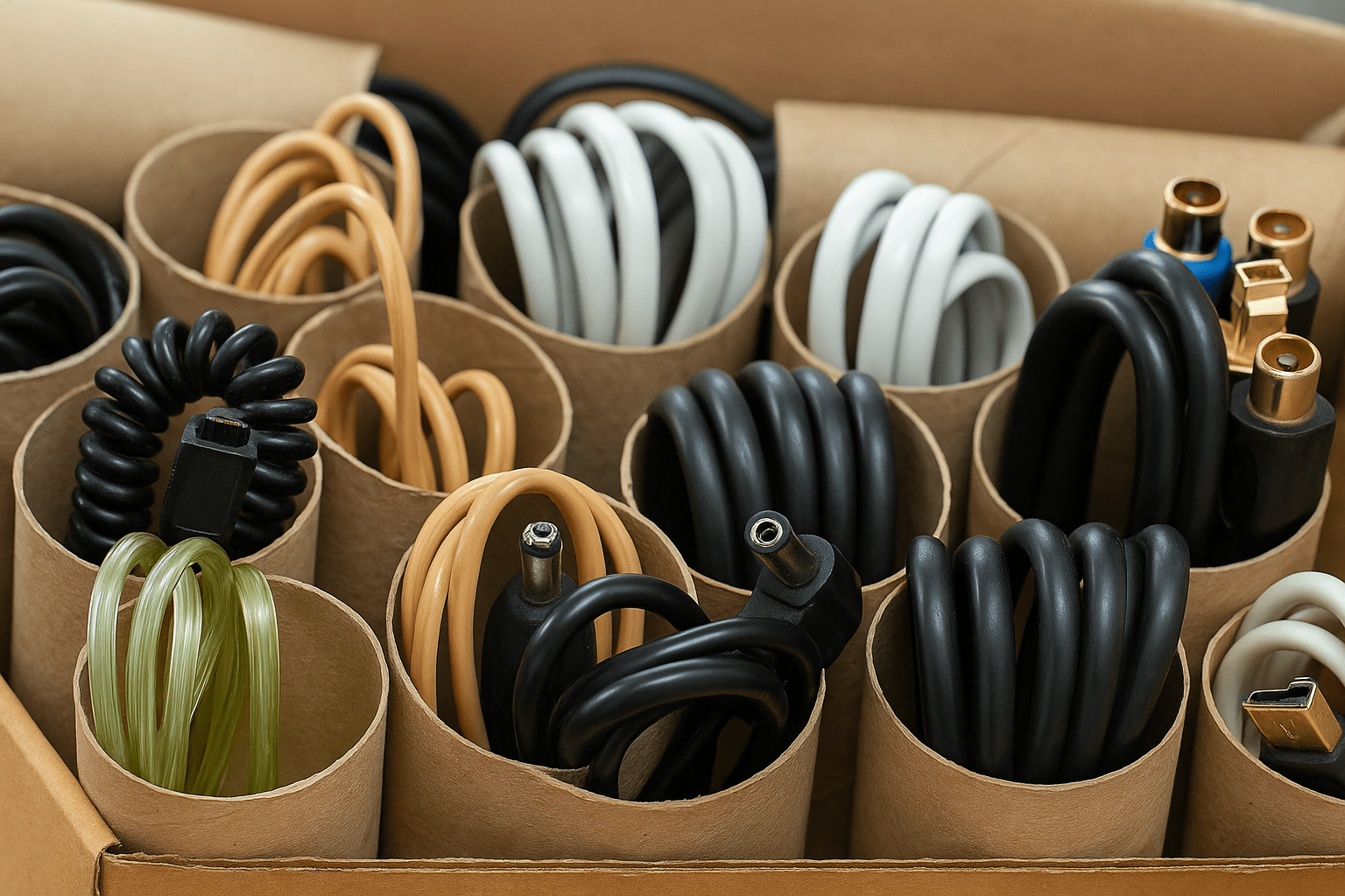 Toilet rolls being used to store cords.