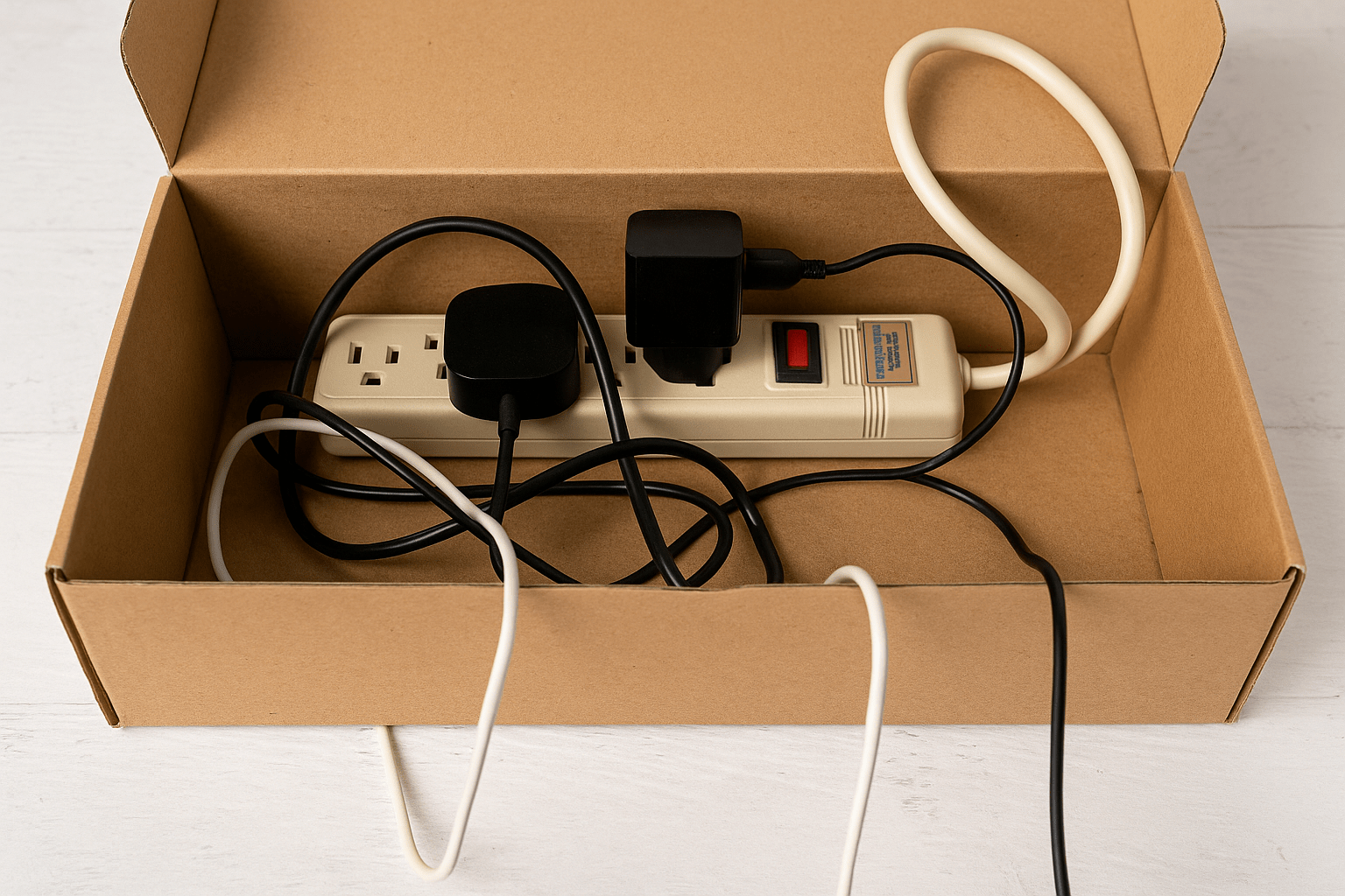 A powerstrip inside of a shoe box.