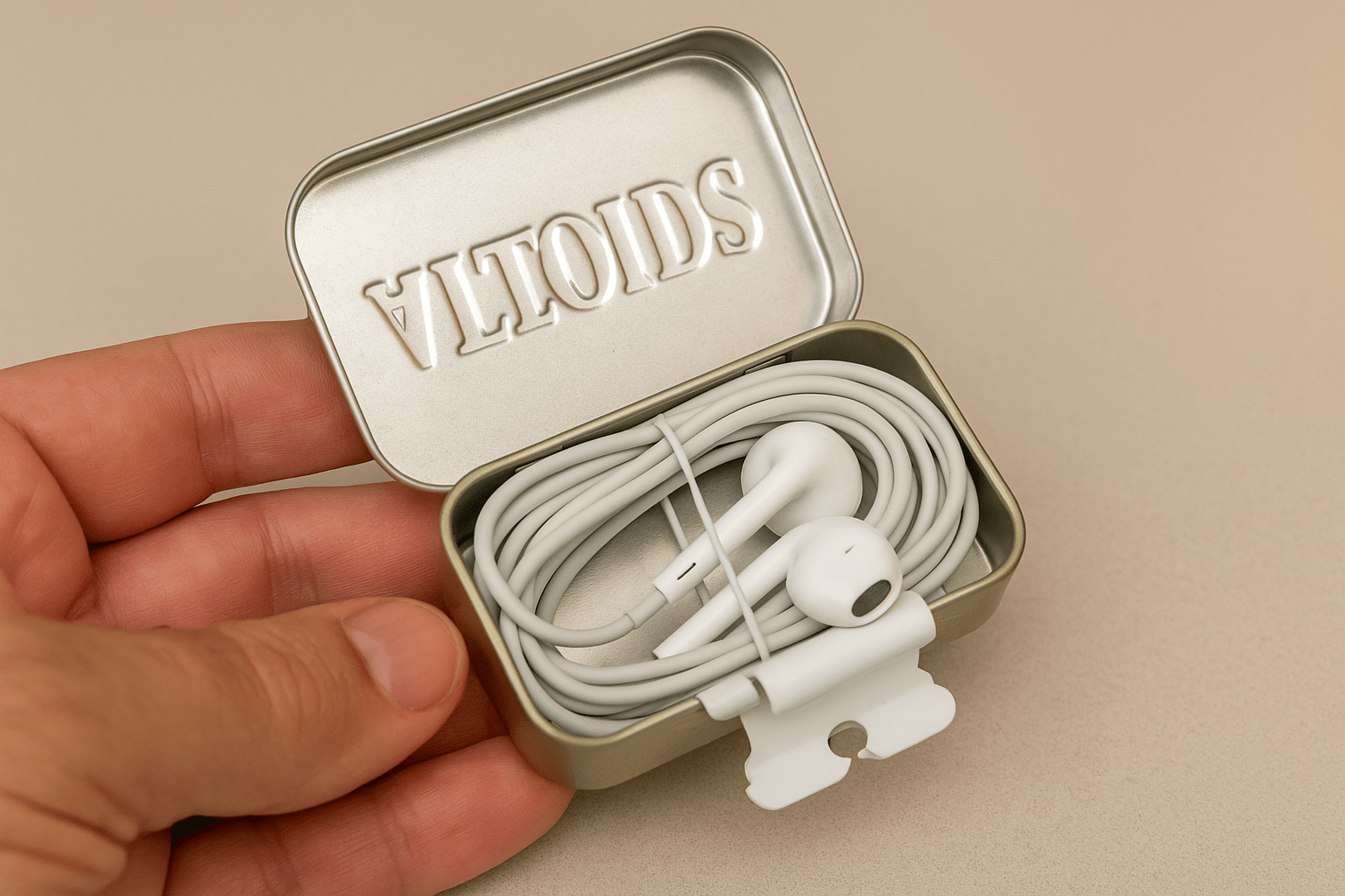 Earbuds in an Altoids tin.