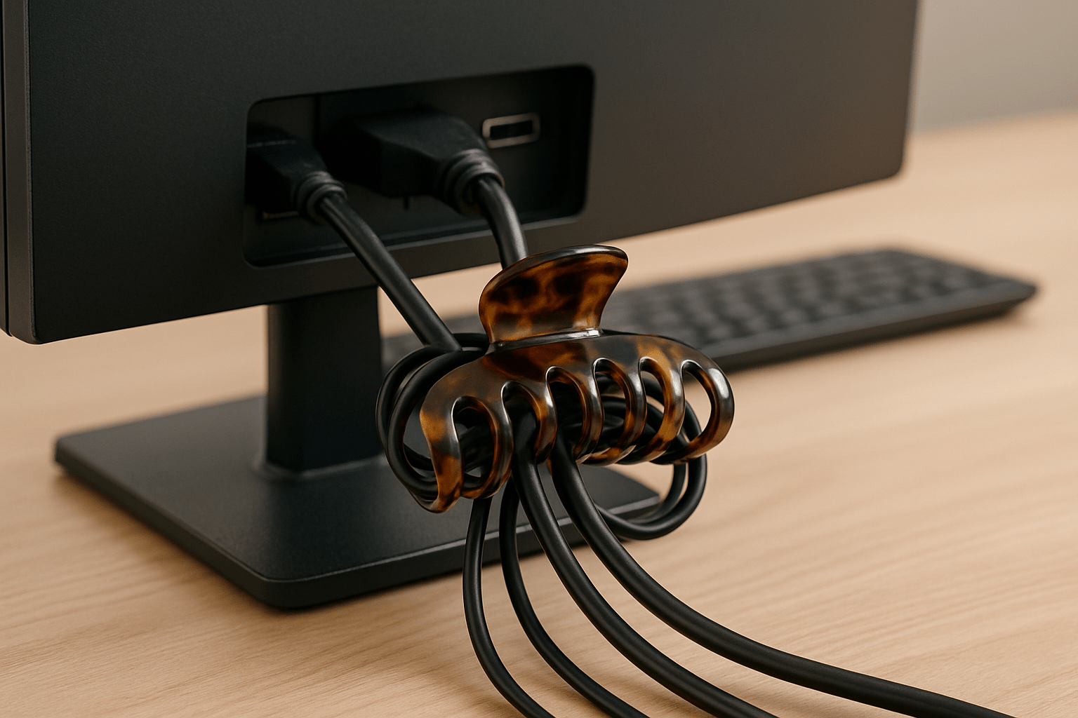 Claw clip used to hold wires behind a computer.