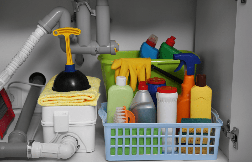 Different cleaning chemicals under a sink.