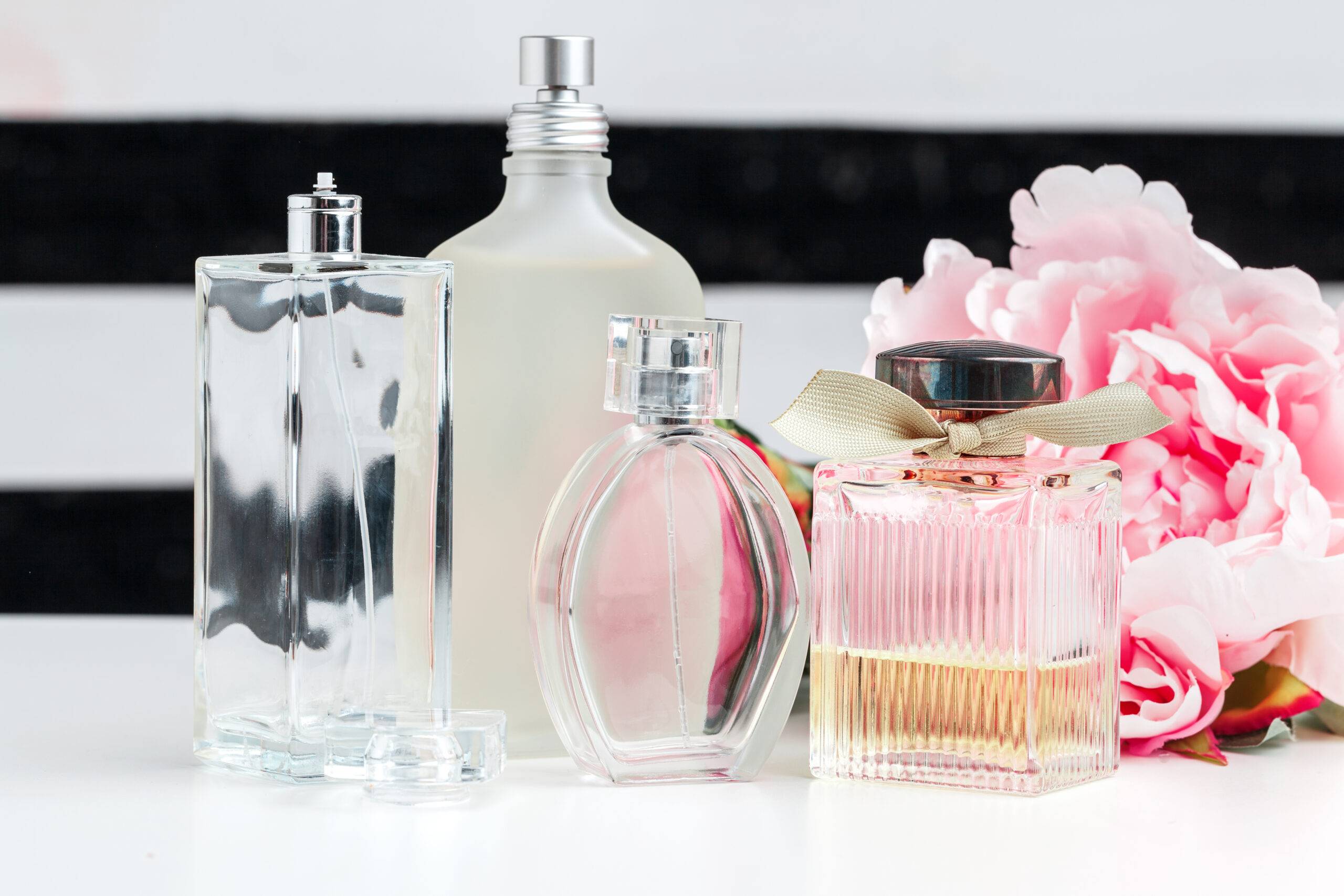Bottles of perfume on a counter.