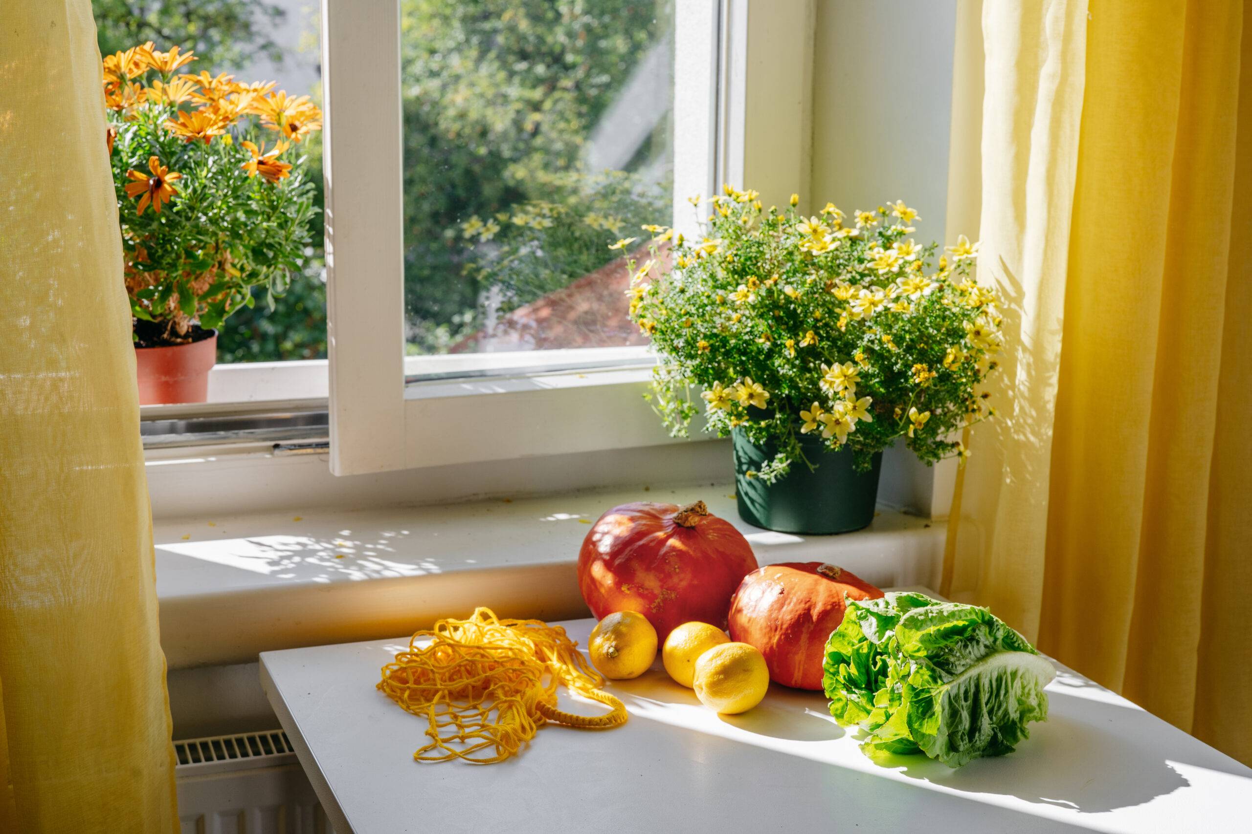 Produce on a table by an open window.