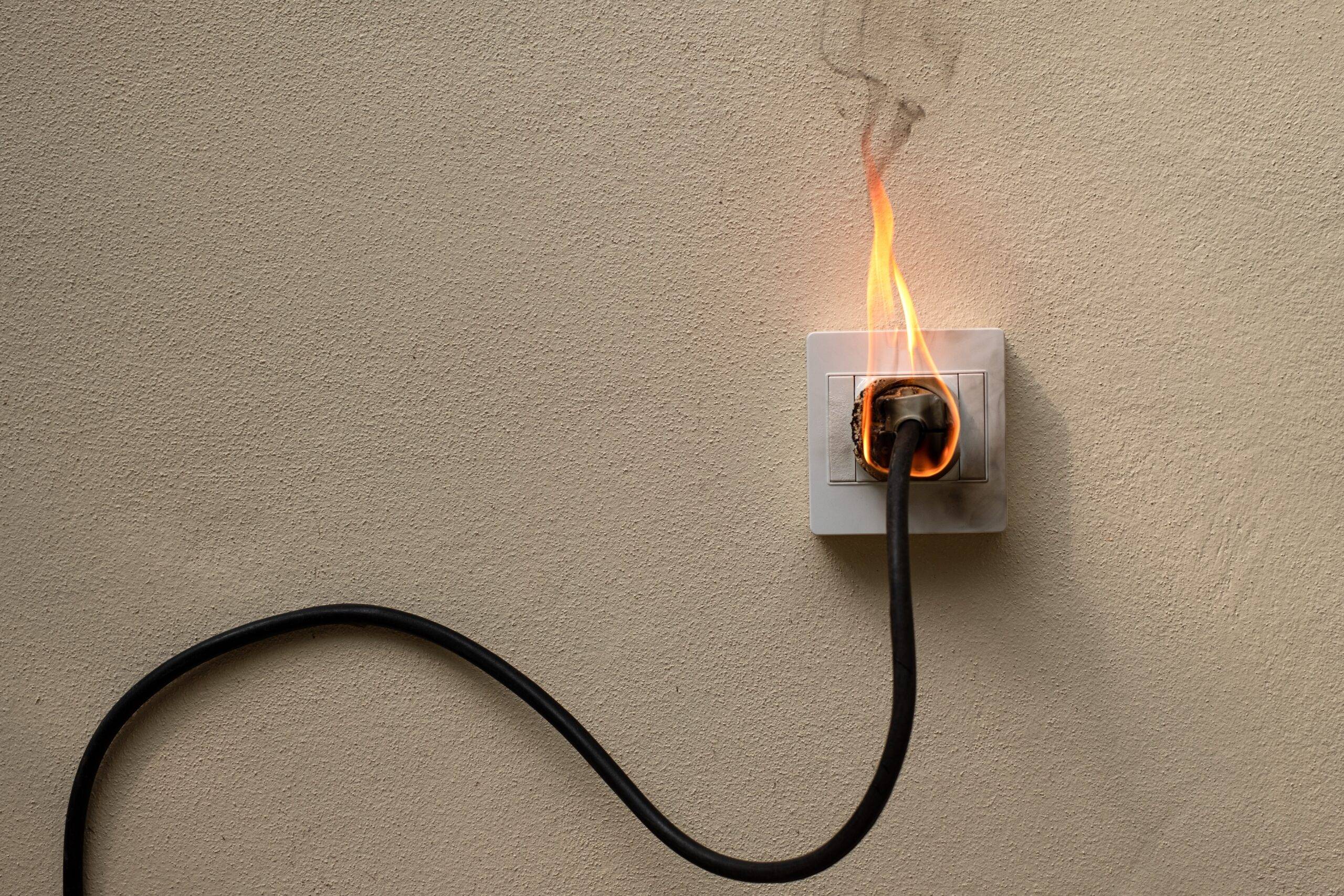 A wire plugged into a wall that is also on fire.