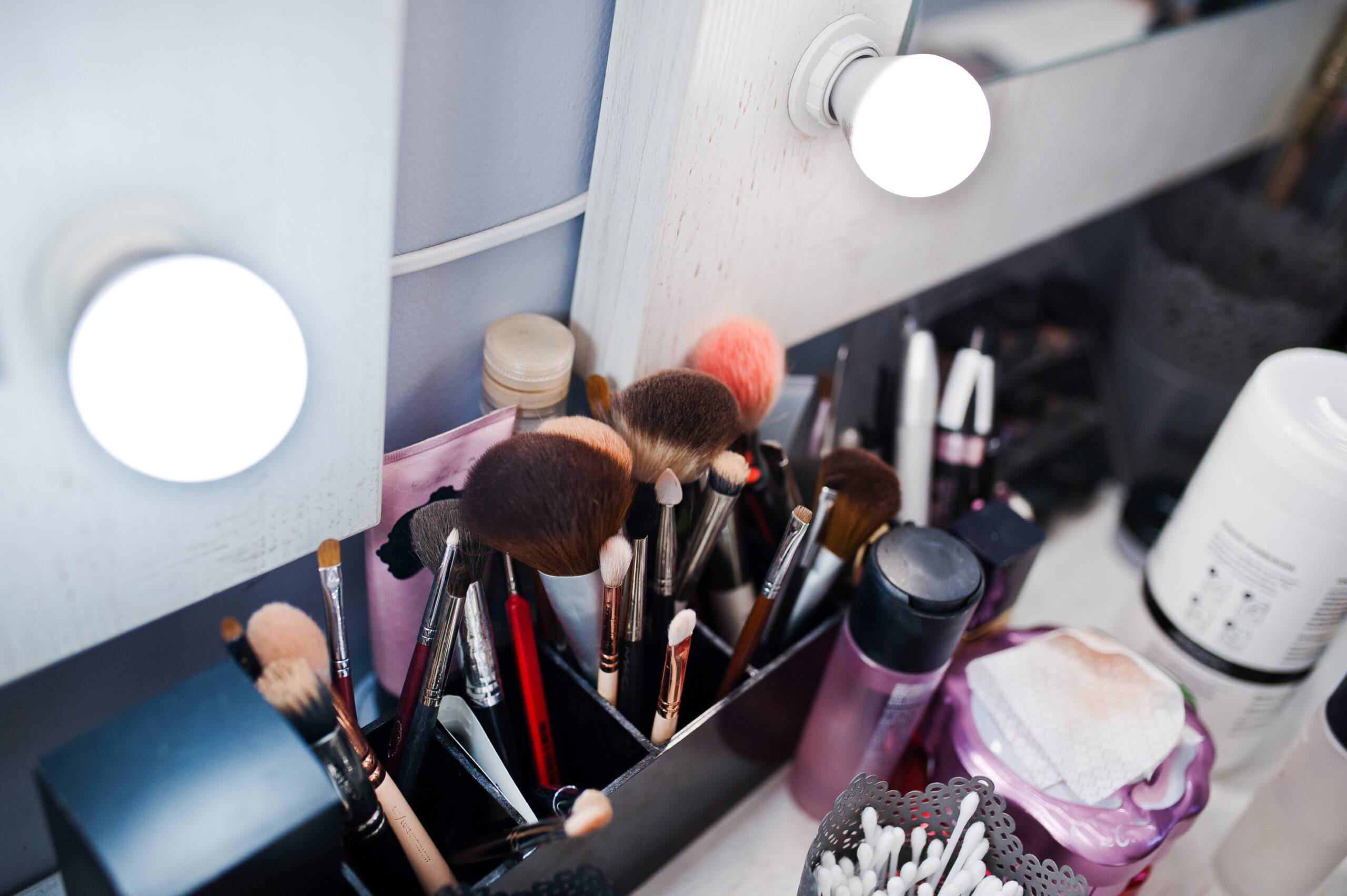 Makeup brushes on a counter.