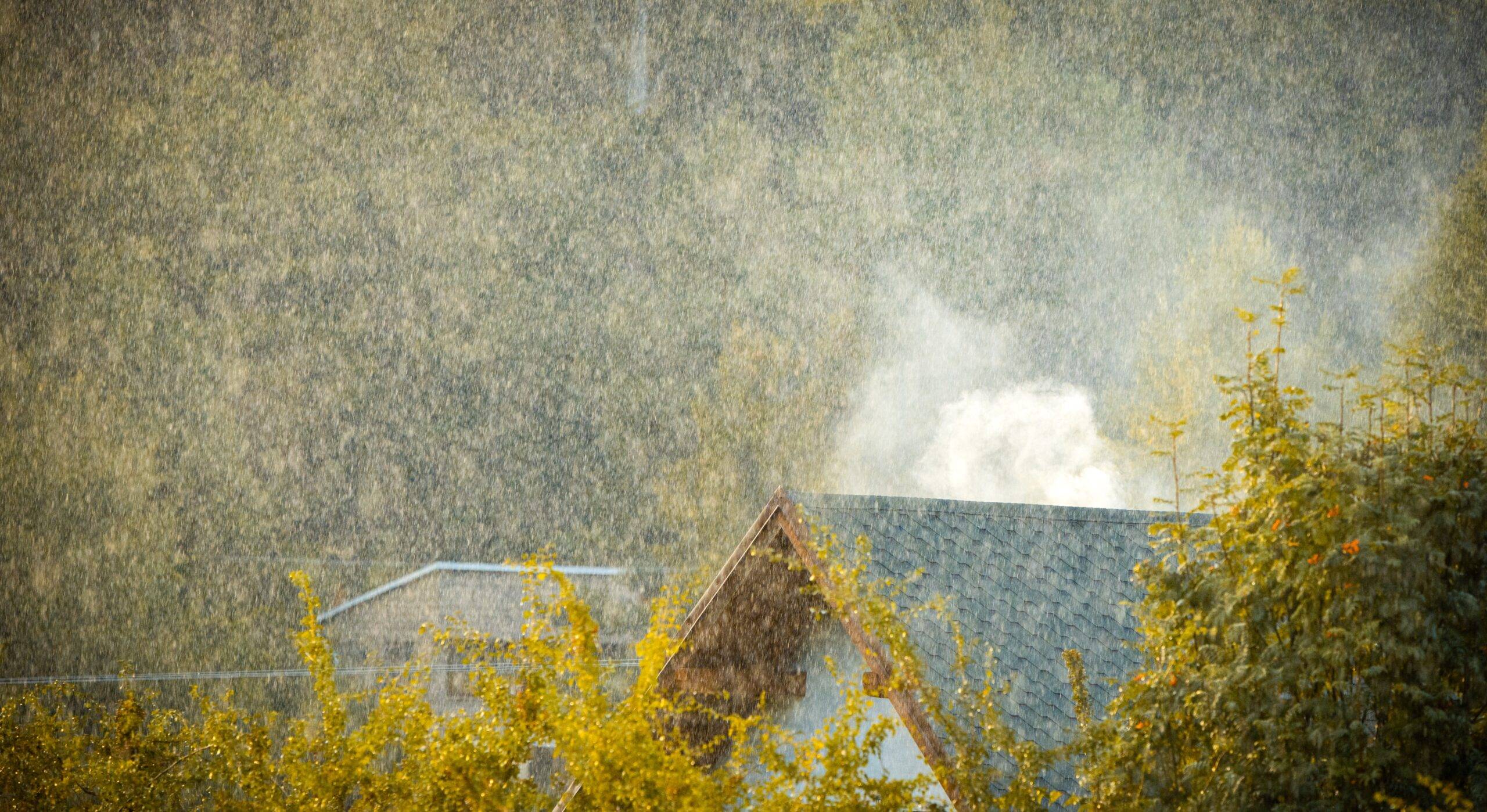 Rain and hail on a house.