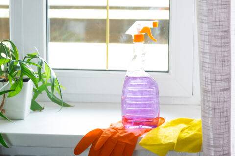 Cleaning products on windowsill.
