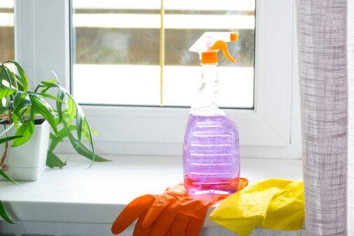 Cleaning products on windowsill.