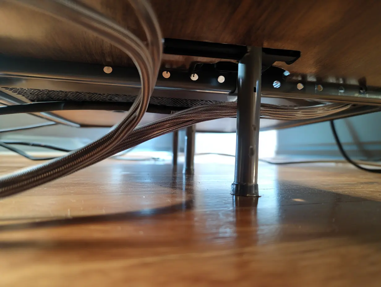 The underside of a table with a few cables running through