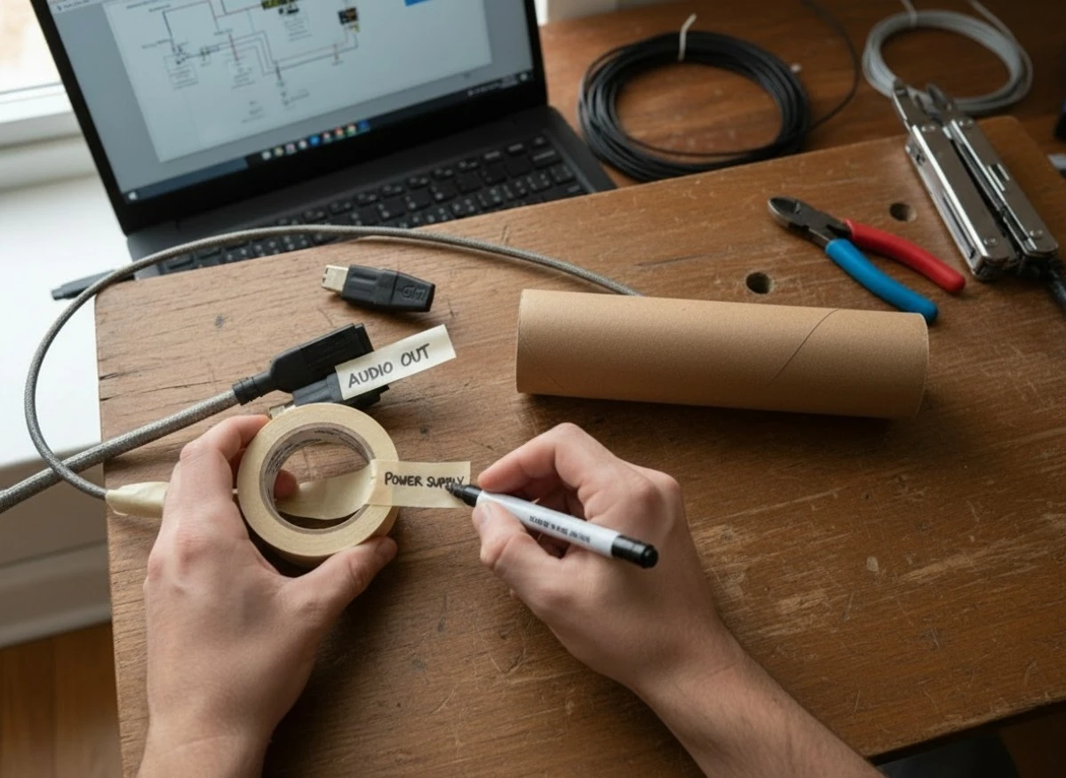 An image of a person labelling pieces of masking tap on top of a desk next to an empty towel roll. The labelled pieces of tape read "Audio Out" and "Power Supply"