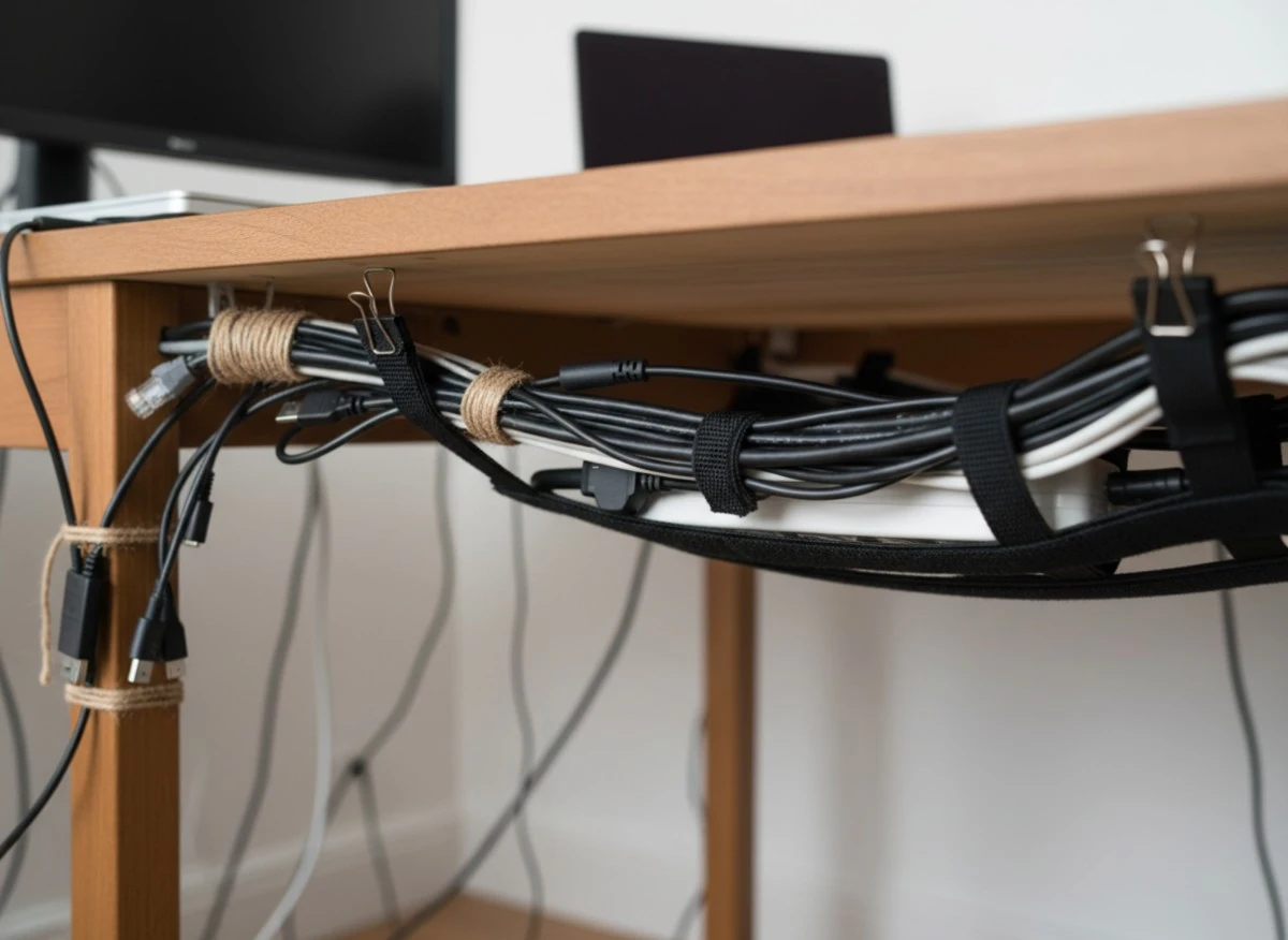 A shot of a few cables running under a table being tied up using twine string and velcro.