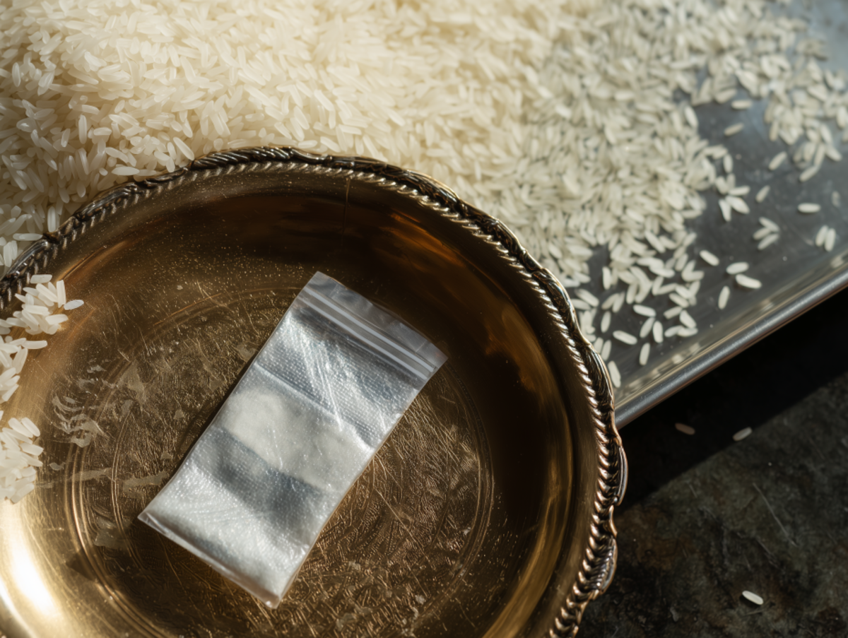 Silica gel and scattered rice on a table
