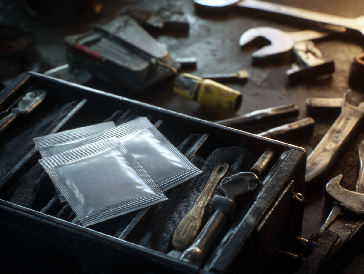 Silica gel packets inside a tool box