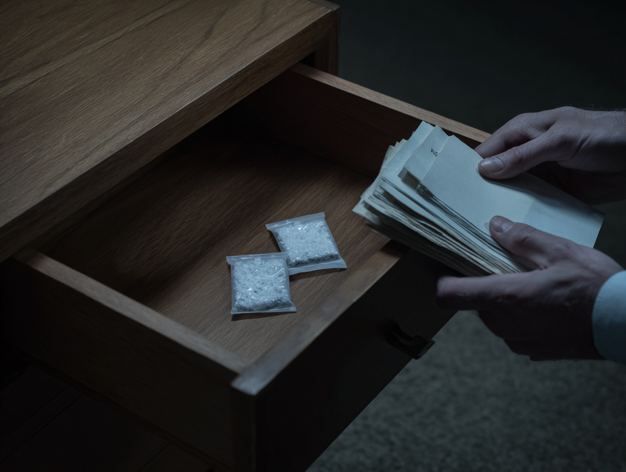 Silica gel packets in a drawer into which papers are being placed.