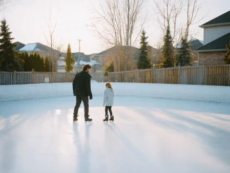 A shot of a father and her daughter ice skating in their DIY backyard ice rink.
