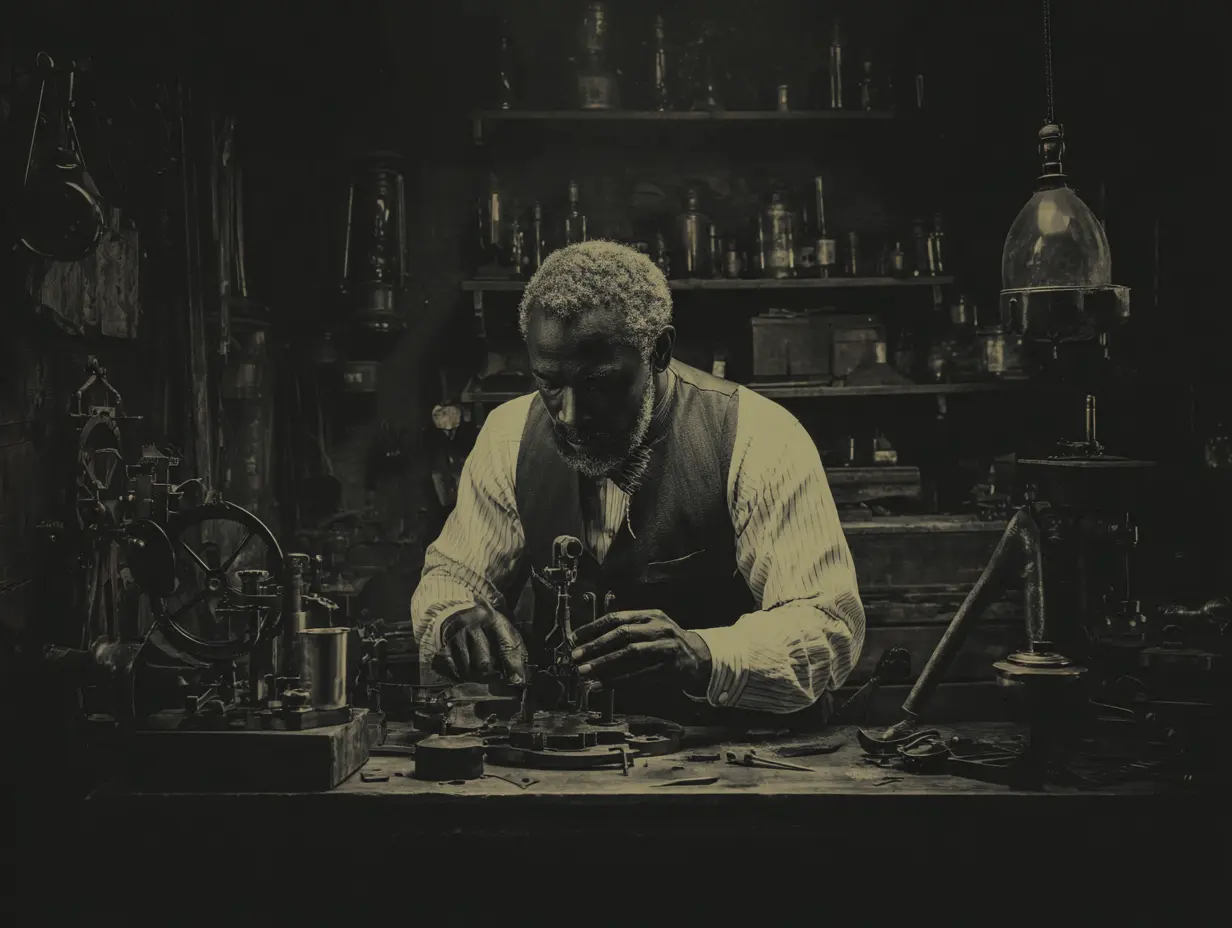 A cinematic representation of a black inventor from the 19th century.