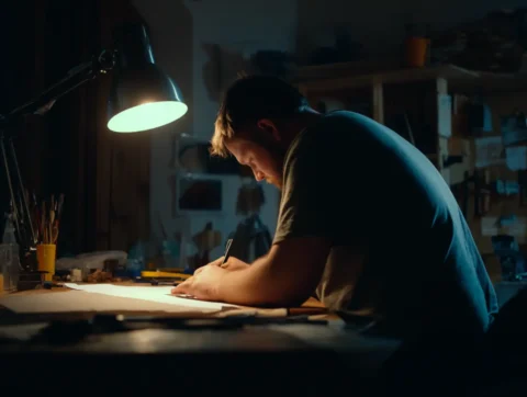 A man sitting at his desk at night working on his DIY project.