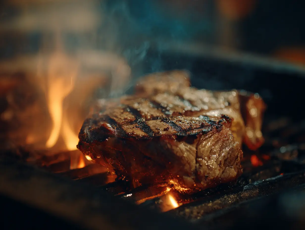 A steak being cooked on a grill.