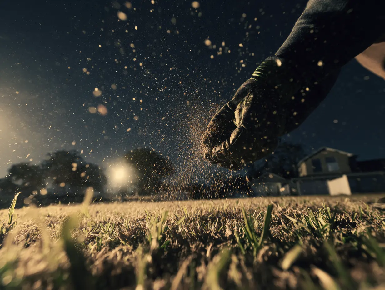 An image of a person seeding their lawn at night.