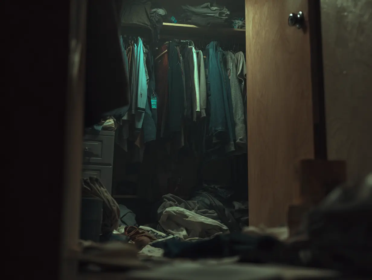 A shot of a messy closet with some old clothes left on the floor.