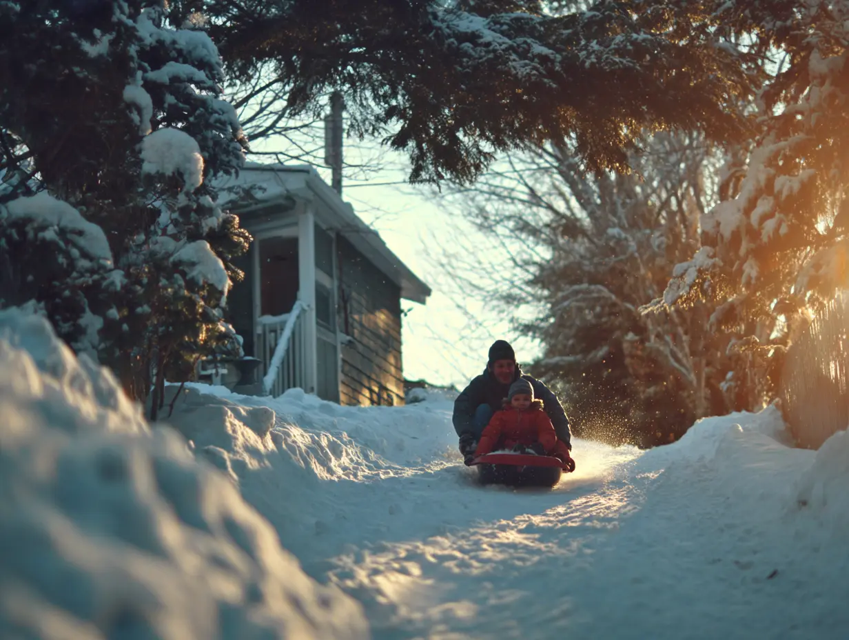 An image of a father and their child on a bobsleigh sliding down a homemade track in their backyard