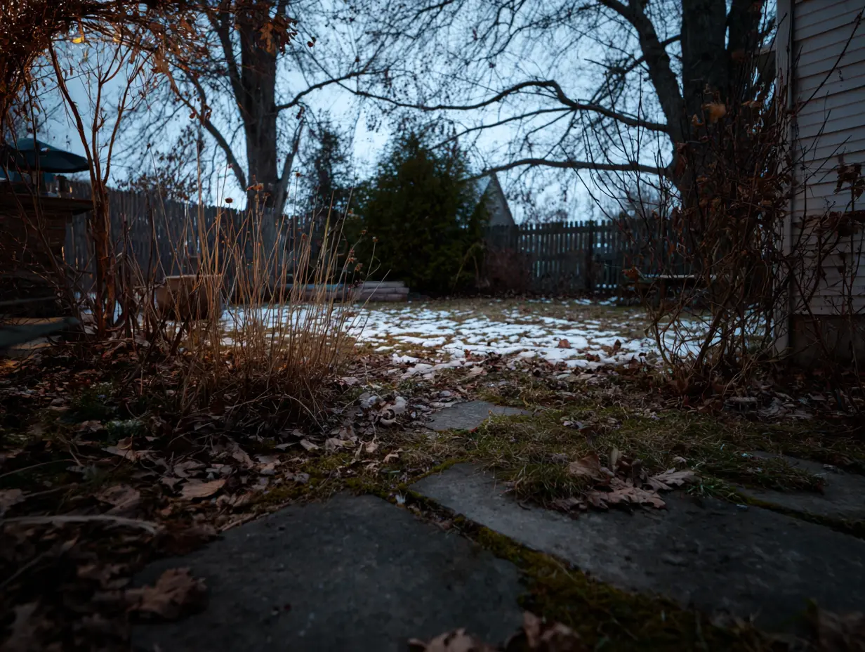A shot of some empty land in someone's background that can be used to make a DIY backyard ice rink.