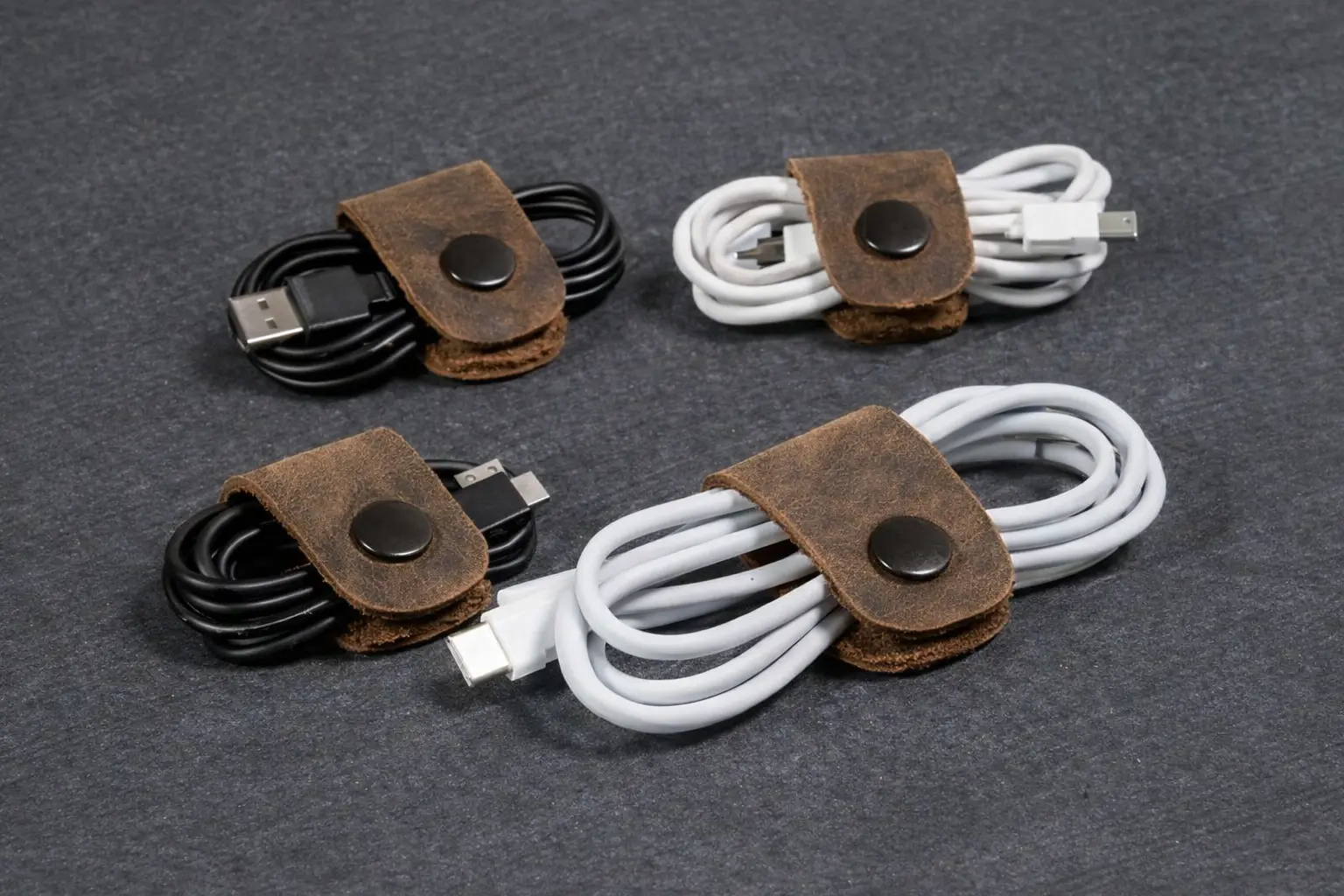 A few DIY leather cord organizers holding cables.