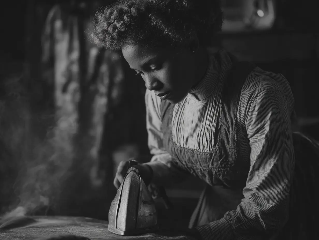 A cinematic representation of a black inventor from the 19th century working on an ironing board. It is meant to depict Sarah Boone.