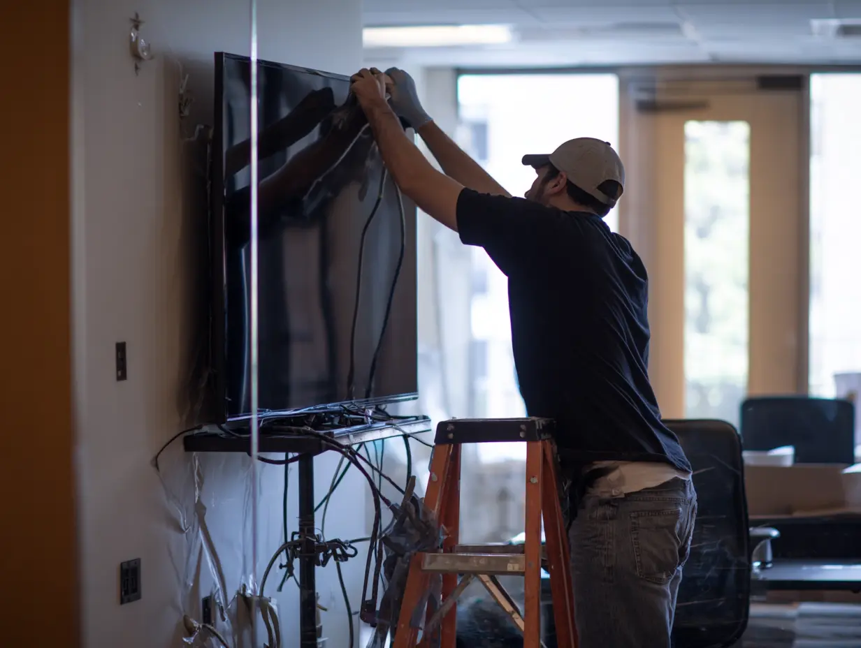 A man mounting a TV onto his living room wall.