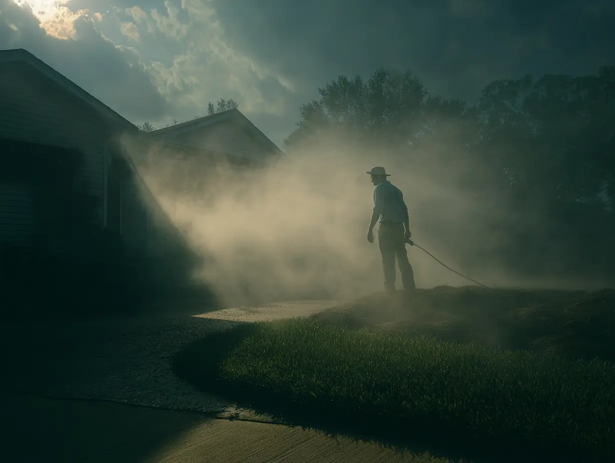 An image of a person seeding their lawn during foggy weather.
