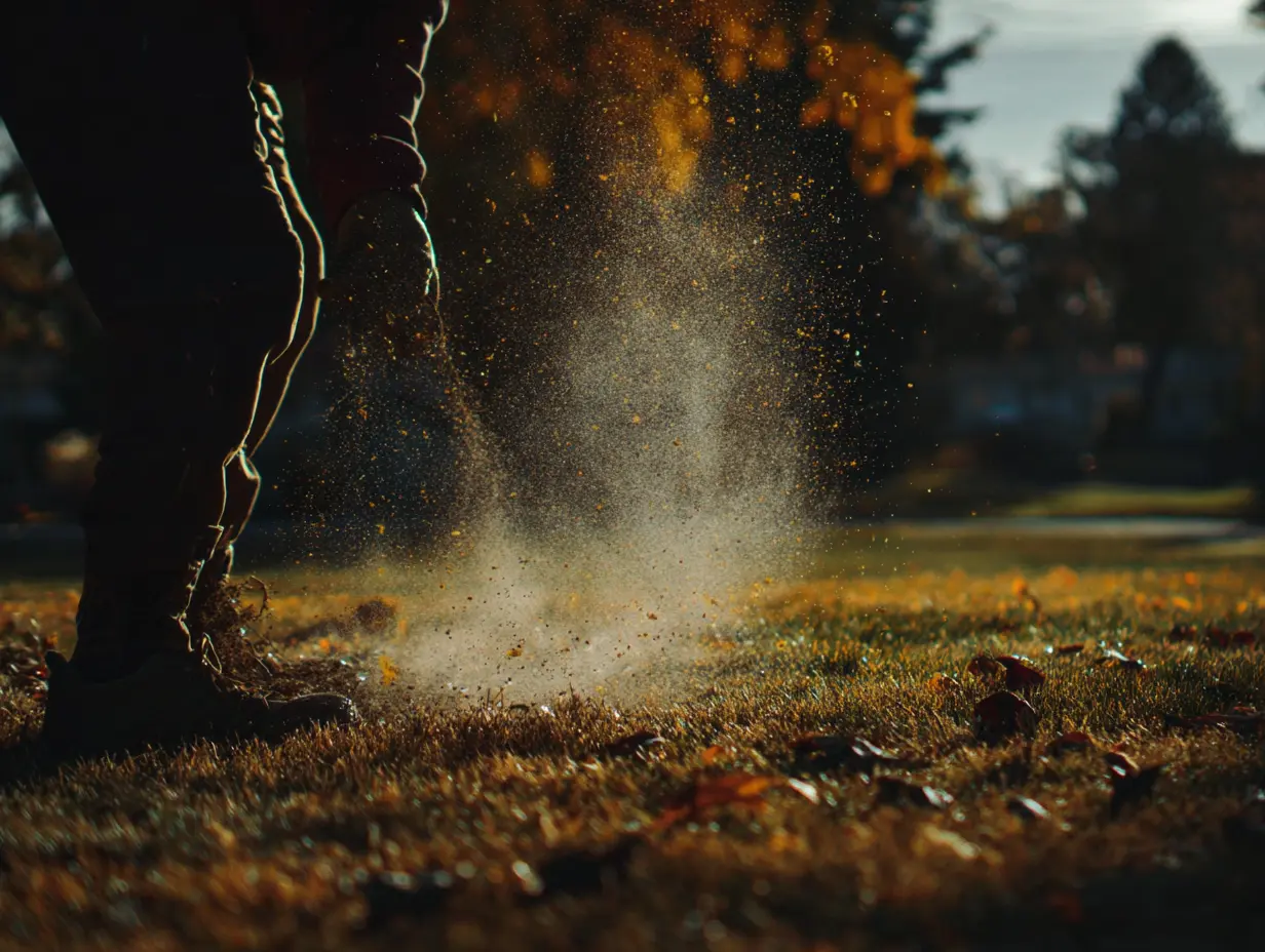 An image of a person seeding their lawn during fall.
