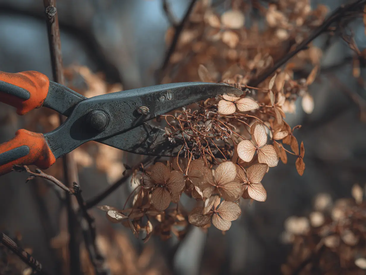 A smooth hydrangeas plant being pruned during late winter.