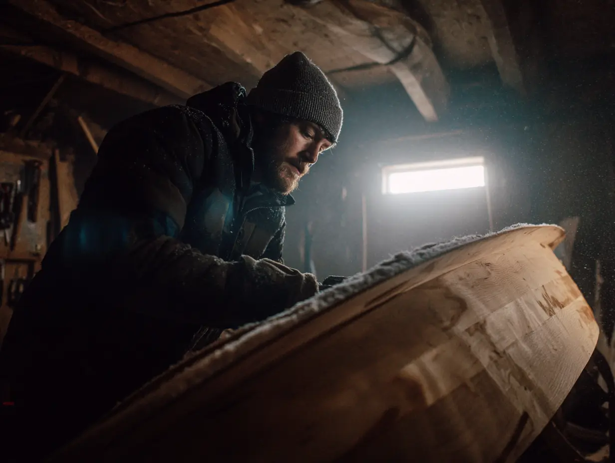 An image of a man working on his wooden DIY boblseigh in his garage during the winter.