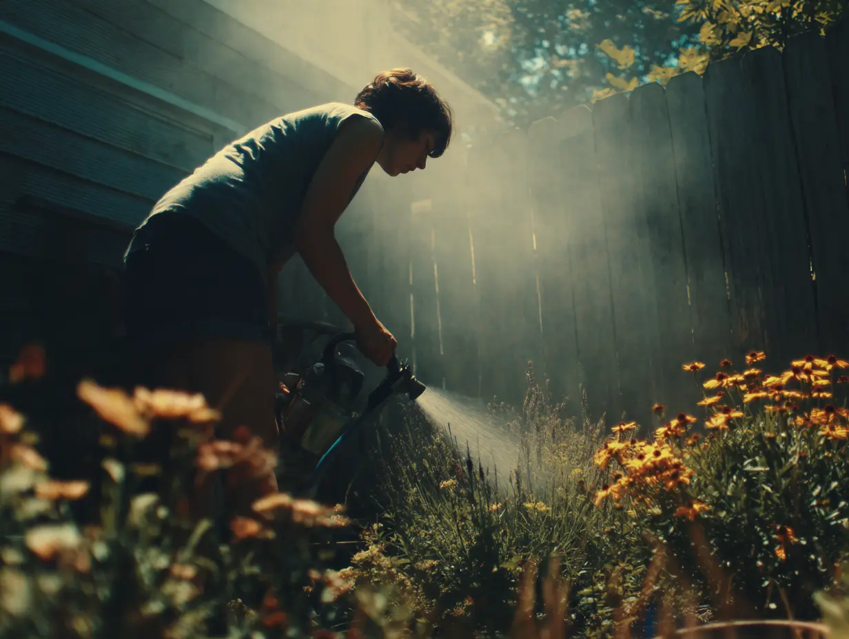 Spraying vinegar onto plants in a garden.