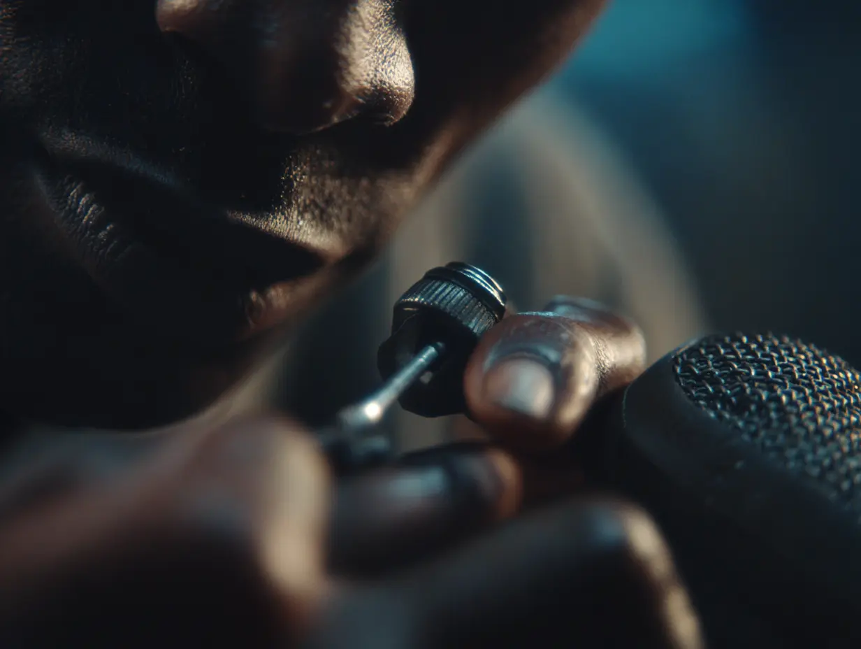 A cinematic representation of a black inventor from the 19th century working on a home surveillance system.