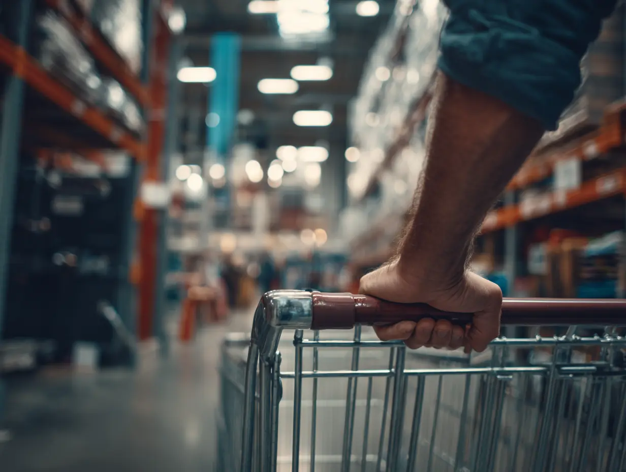A shot of someone pushing a shopping cart inside a hardware store.