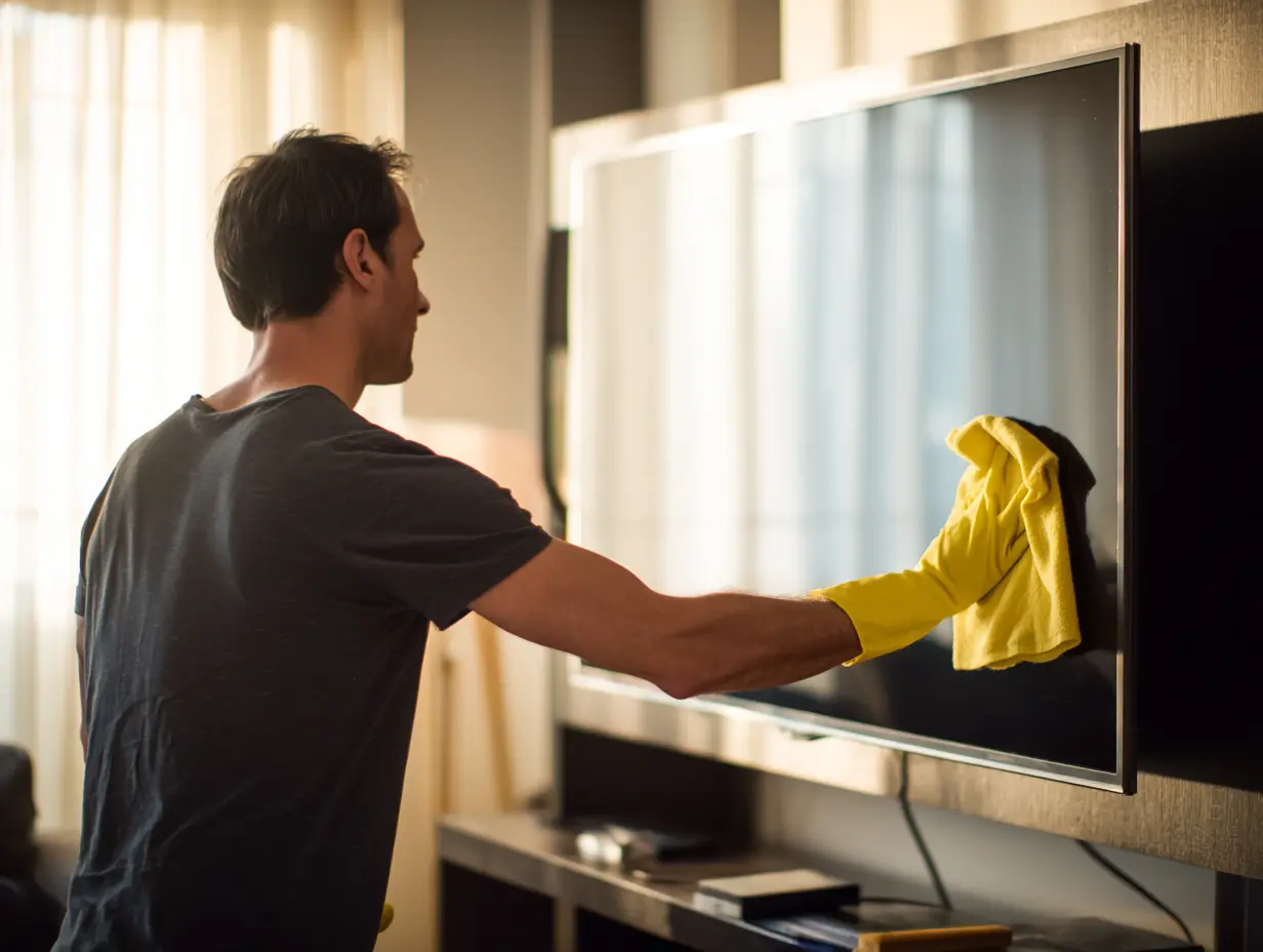 A man cleaning his tv using a yellow cloth while wearing yellow gloves.