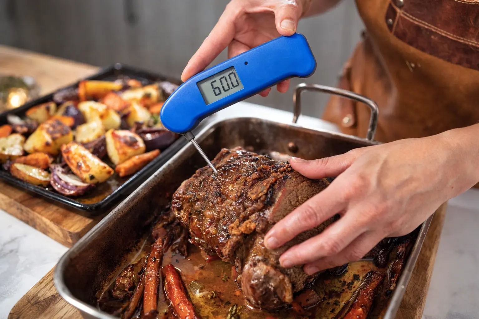 An instant read thermometer being used to check the temperature of a steak.