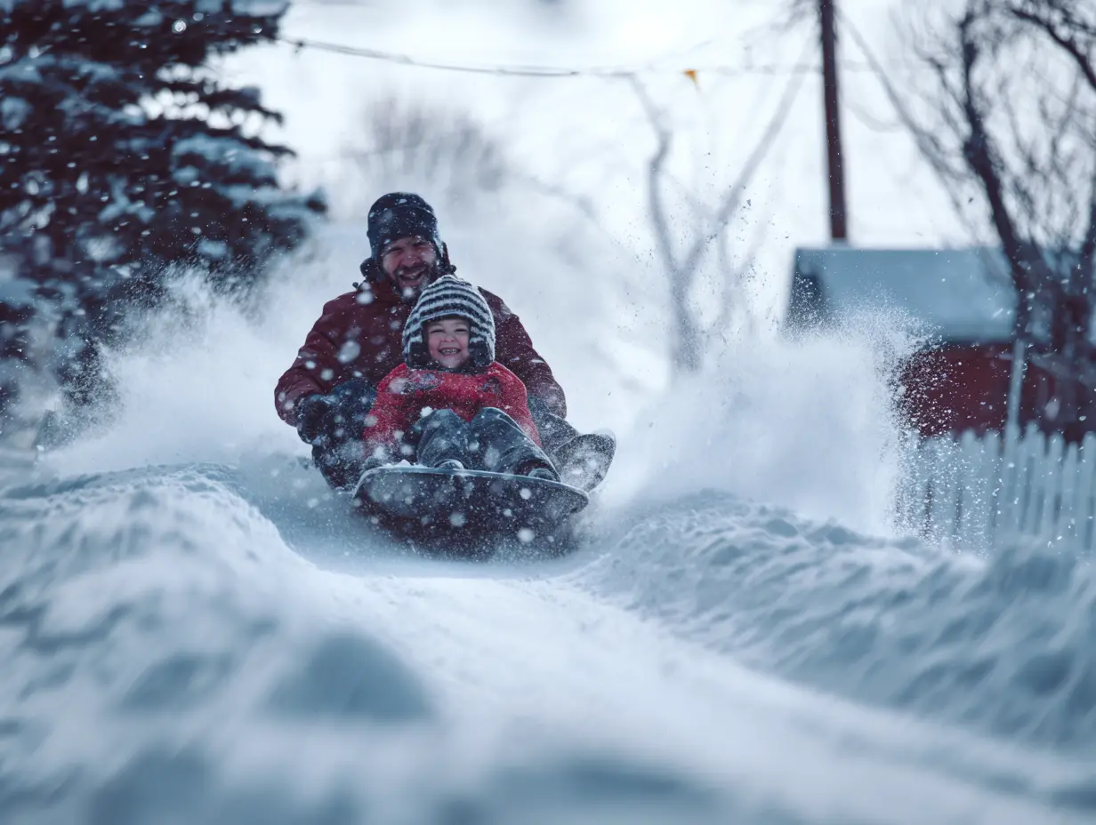 An image of a father and their child on a bobsleigh sliding down a homemade track in their backyard