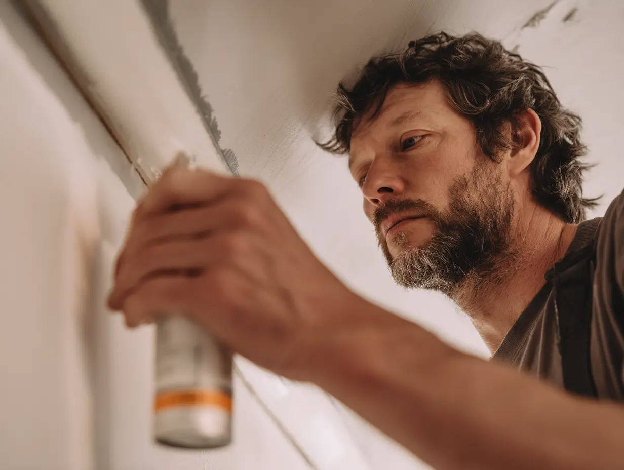 A man applying White painter's caulk on the edge of his closet and wall.