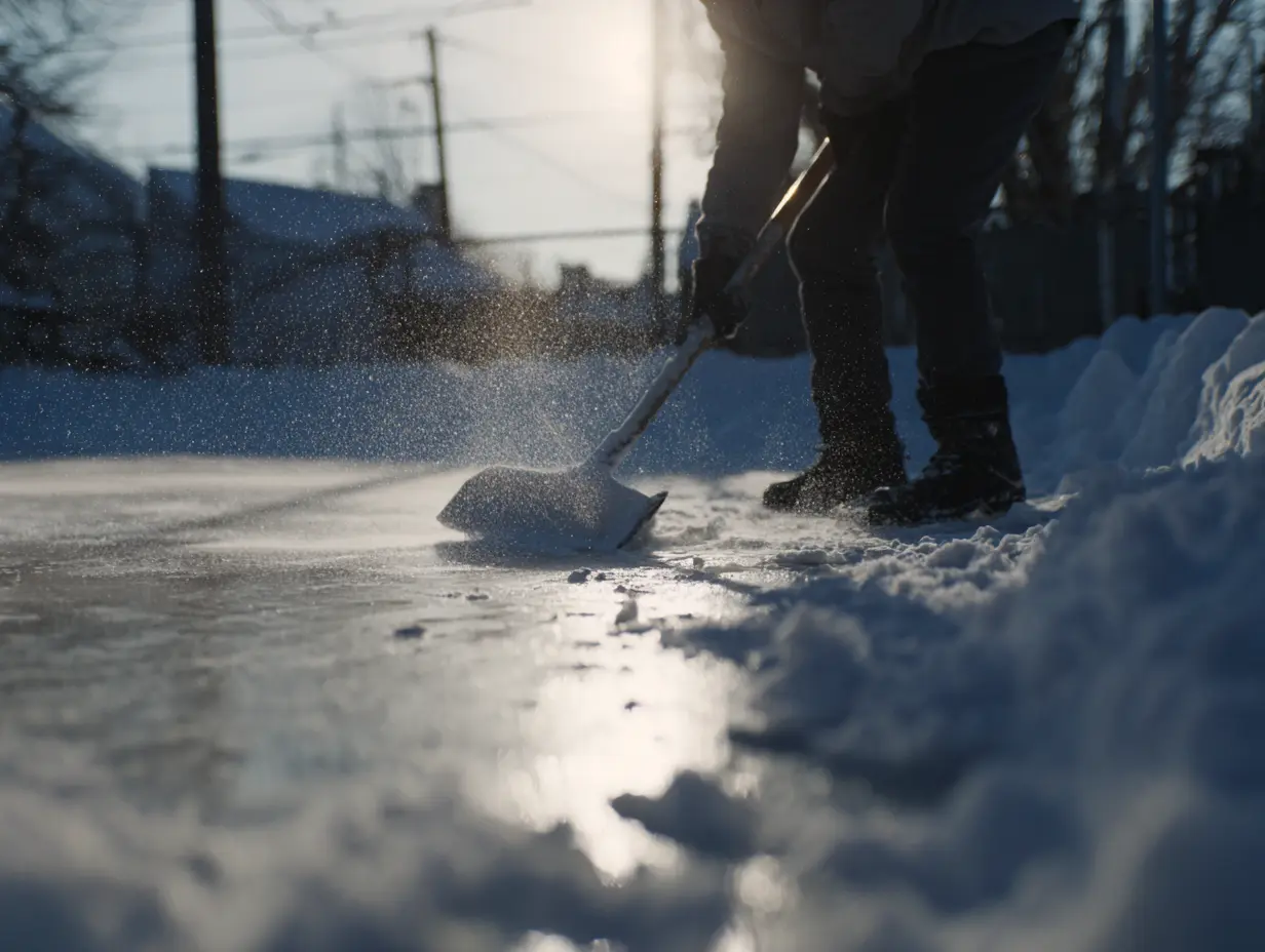 A shot of a man shoveling away snow that is on his DIY backyard ice rink.