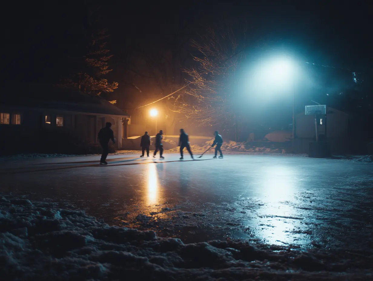 A shot of a few people playing ice hockey in their DIY backyard ice rink